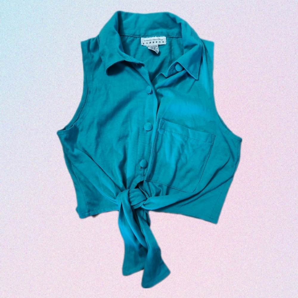 Vintage early 90s Express Collar Crop Top Tied Waist Button-Up, sz. S/M
